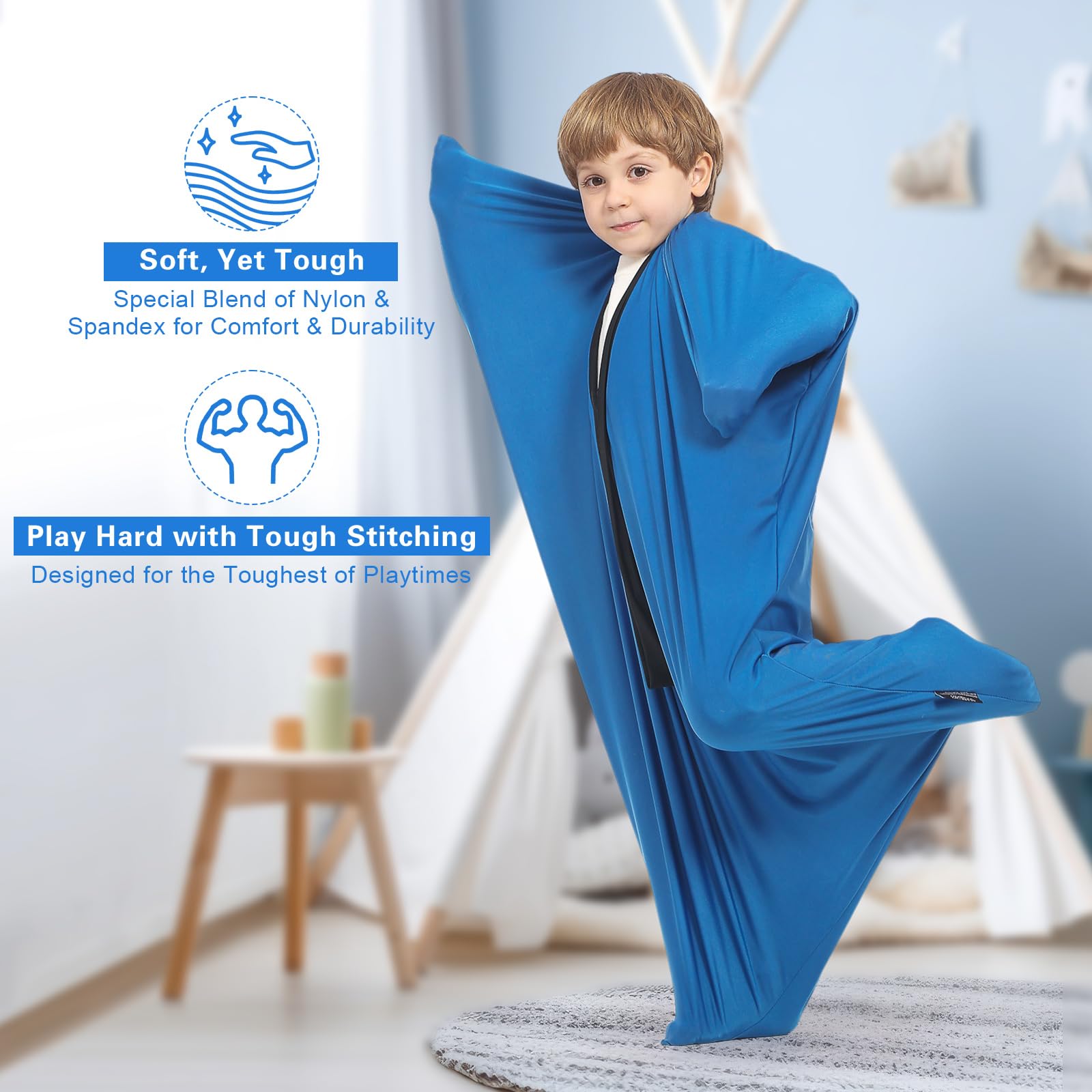 Hugsmiling Body Sock Sensory Kids, Medium, Good for Height: 43～51 inchs, Cozy Fabric with Strong Stitching (Classic Blue)