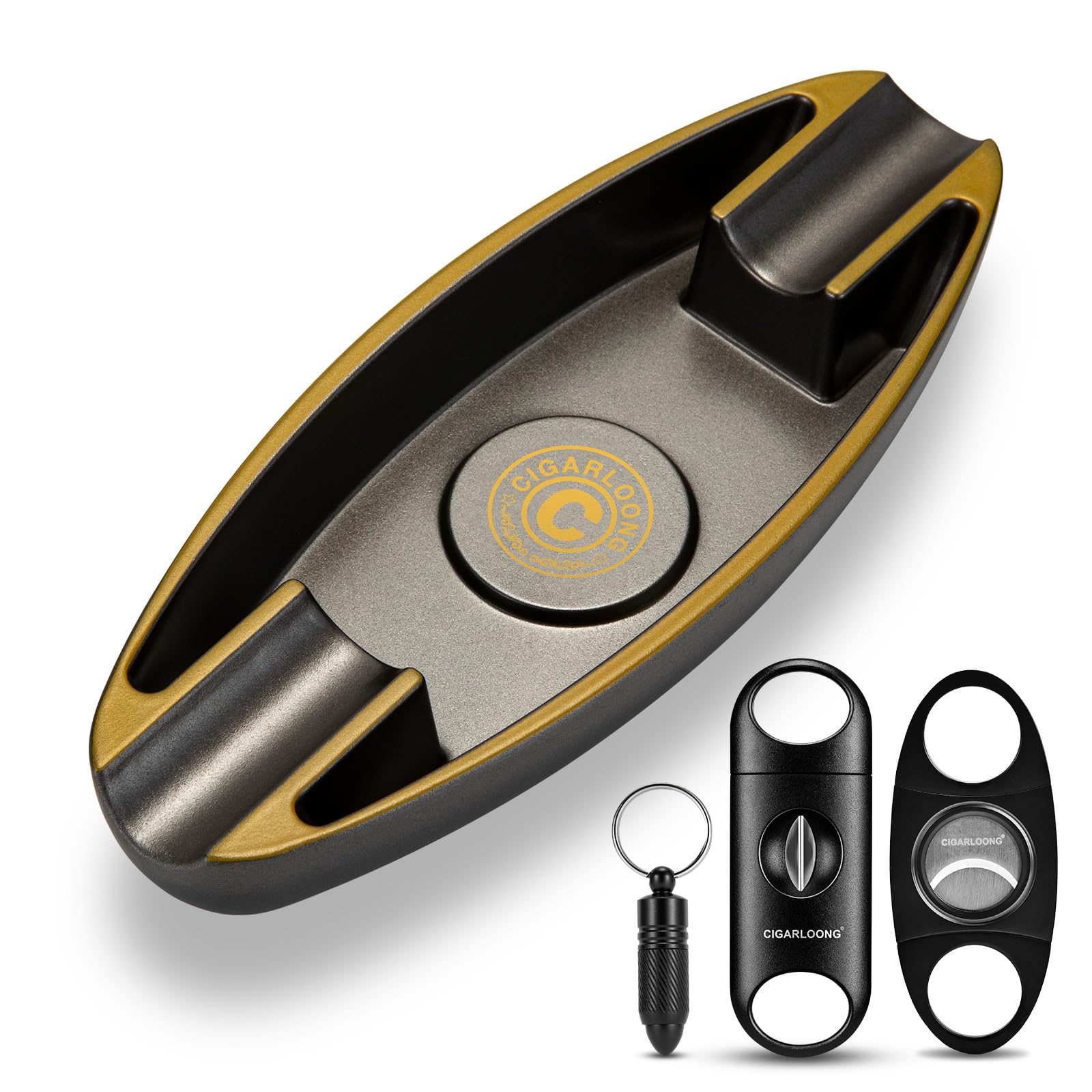 Portable Cigar Ashtray Set With V Cutter, Straight Cutter, Punch - Accessories for Travel, Home, Office, Indoor and Outdoor Use - Gift for Men