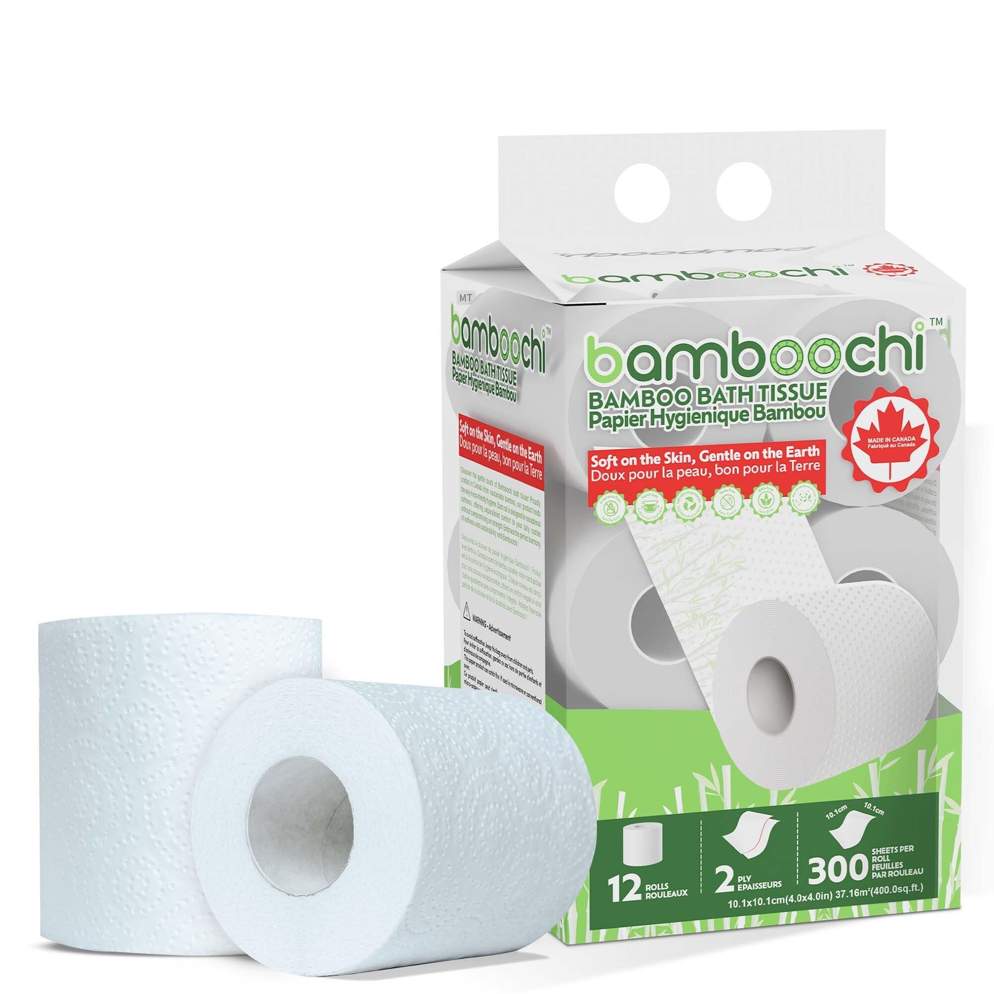 Bamboochi Bamboo Toilet Paper, Septic Safe Toilet Paper 2 Ply 12 Rolls 300 Sheets Per Roll, Soft Unscented Bath Tissue, RV Safe, Eco-Friendly, Non Chlorine, PFAS Free, Proudly Made in Canada