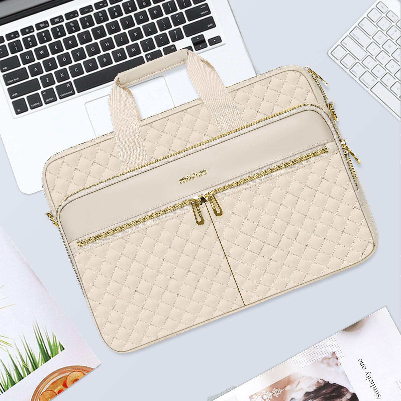 MOSISO Laptop Bag 13.3 inch, Briefcase for Women&Men, 13-14 inch Laptop Case Square Quilted Computer Messenger Bag Office Travel Business with 3 Pockets&Strap, Beige
