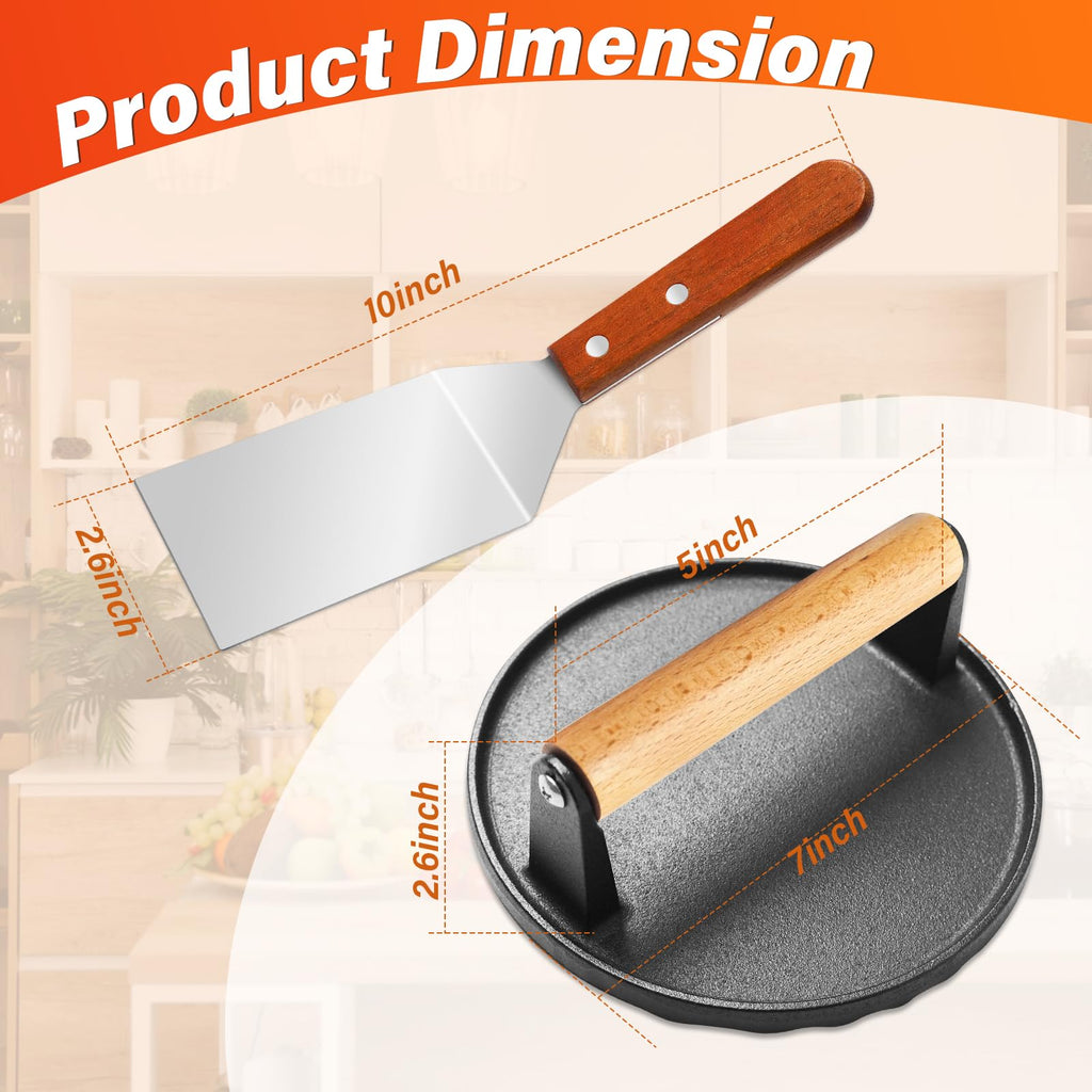 Cast Iron Smash Burger Press Kit, 7" Round Meat Press & 10" Large Spatula, Heavy Duty Hamburger Patty Maker for Griddle, Bacon, Sandwich, Steak, Compatible with Blackstone, Wooden Handle