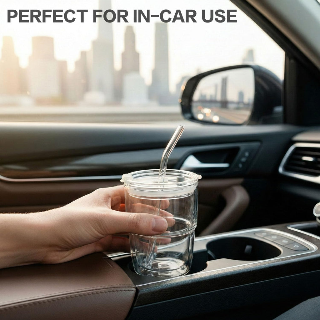 14oz Iced Coffee Cup, 4 Pack Glass Tumblers with Straws and Lids, Small Glass Matcha Cups, Reusable Thickened Glassware Set for Iced Tea, Soda, Smoothies, Cocktails