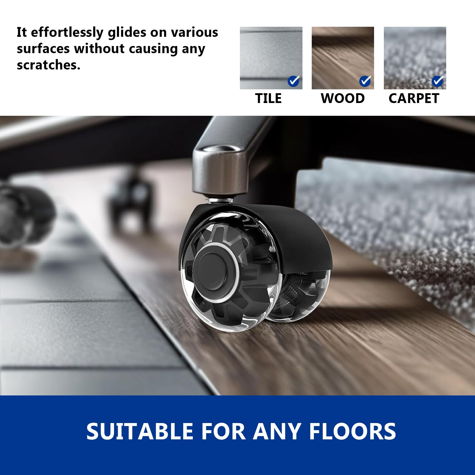 YIUBCZOQI Office Chair Wheels Casters Set of 5 - Heavy Duty Silent Rollers for Hardwood Floors & Carpet, 10x22mm FIT 1KEA,Non-Marring Black Chair Casters with Dual-Bearing Design