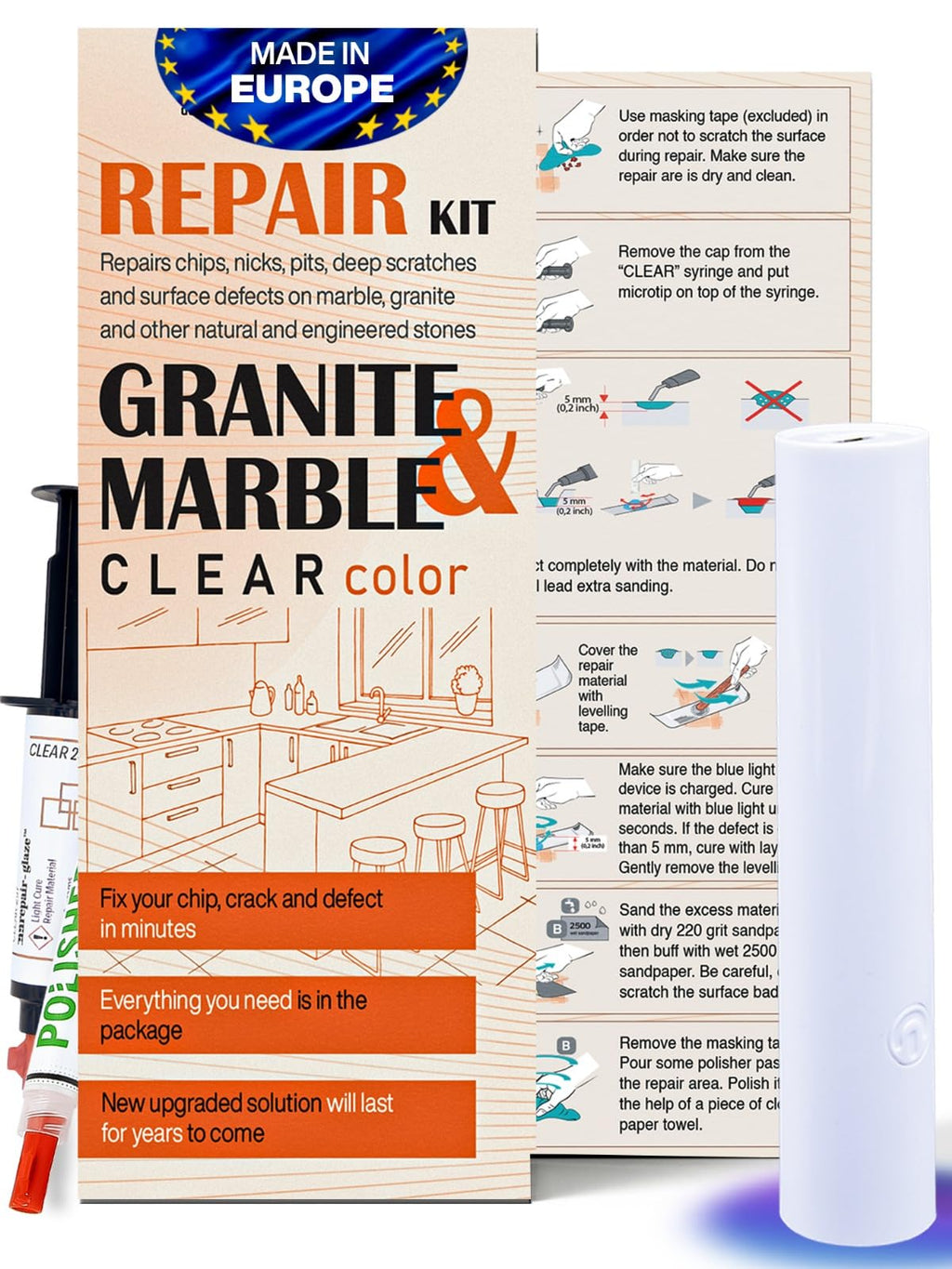 Granite Countertop Repair Kit (Clear Color + Polisher) - Made by Engineers I Also for Marble, Quartz, Acrylic, Fiberglass, Porcelain, Tile & Ceramic Surfaces I Easy Process & Quick Results