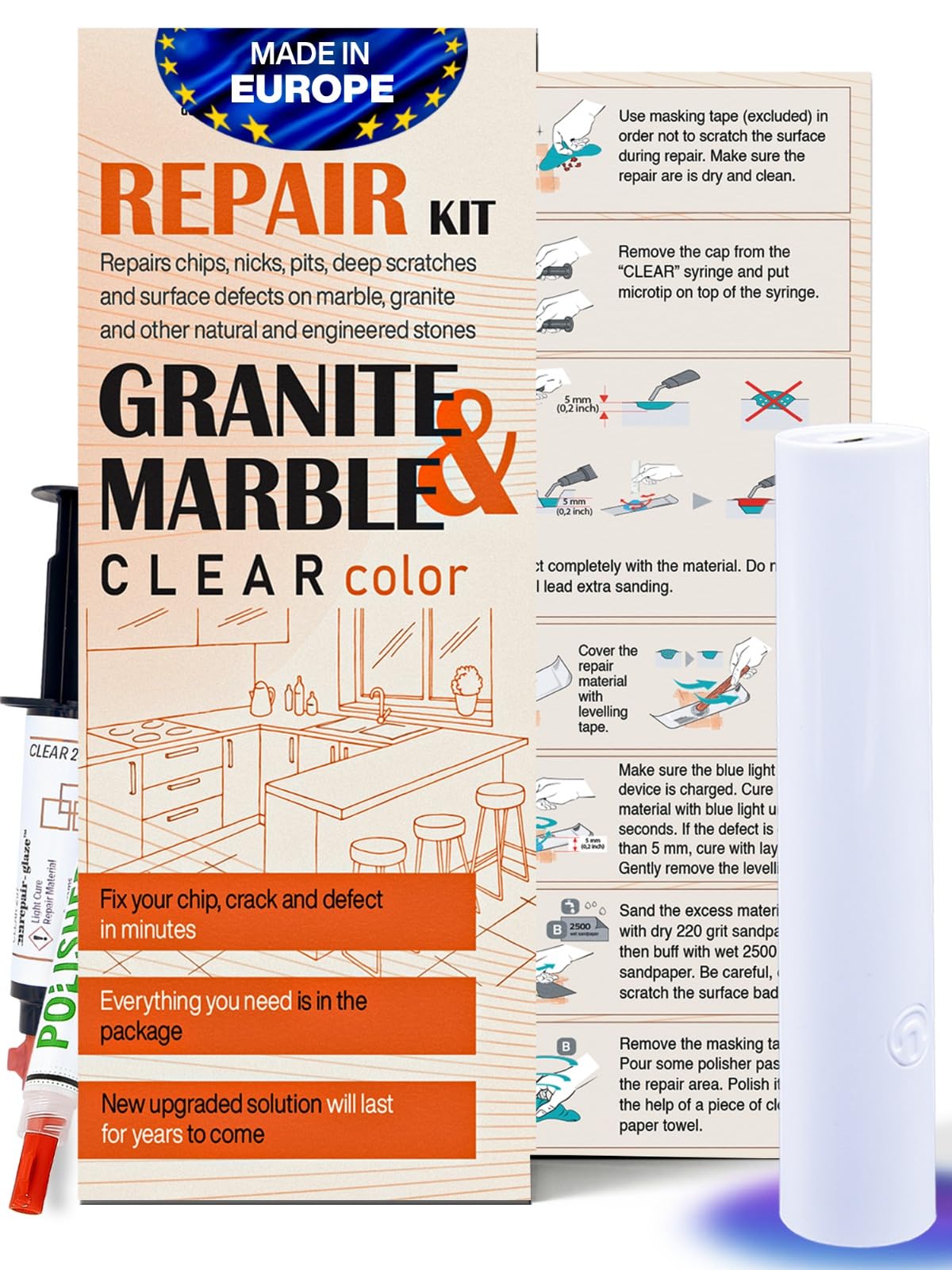 Granite Countertop Repair Kit (Clear Color + Polisher) - Made by Engineers I Also for Marble, Quartz, Acrylic, Fiberglass, Porcelain, Tile & Ceramic Surfaces I Easy Process & Quick Results