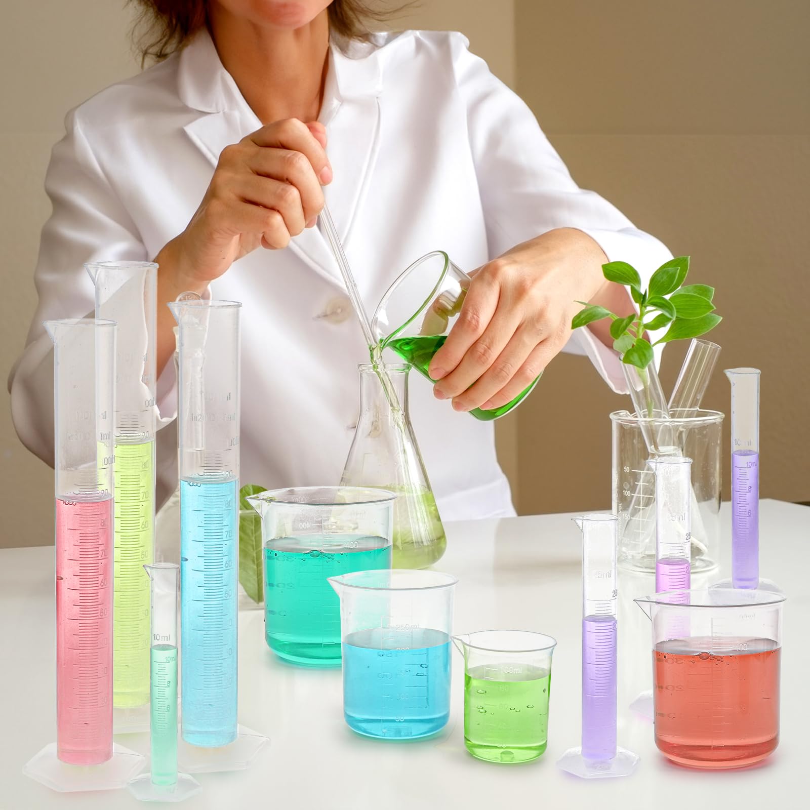 Bekith 18 Pack Plastic Clear Graduated Cylinders and Measuring Beakers Set, 10ml, 25ml, 50ml, 100ml Cylinders with 50ml, 100ml, 250ml, 500ml, 1000ml Beakers