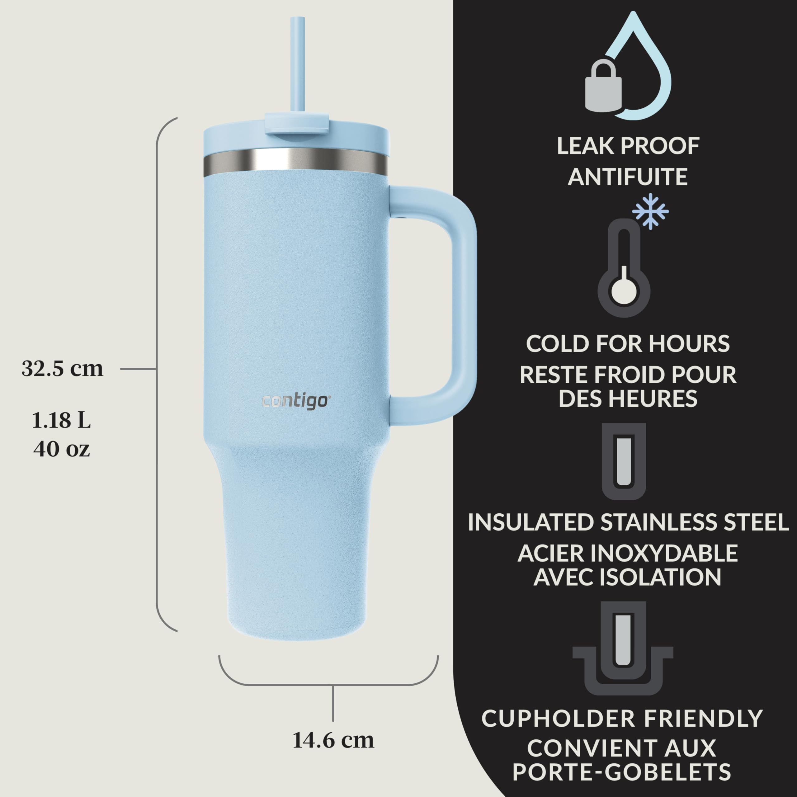 Contigo Streeterville Tumbler, 40 oz (1.18 L), Insulated Stainless Steel Water Bottle with Straw and Leak-Proof Lid, Glacier