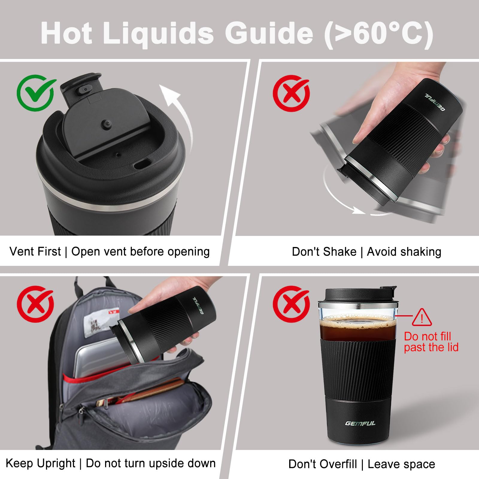 GEMFUL 17 oz Travel Coffee Mug Insulated Leak Proof Coffee Cup with Lid Stainless Steel to Go Coffee Tumblers for Men Women Hot Drinks Office Tasse a Cafe isotherme Black