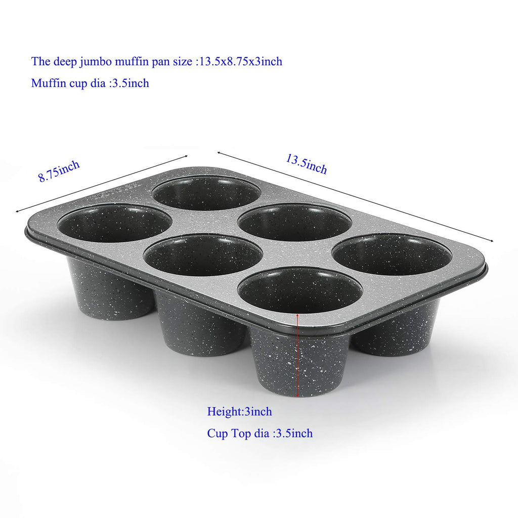 Monfish 2PCS Deep Jumbo Muffin Pan 6 Cup Carbon Steel Black Stone non Stick Coating Muffin Tin 3.5diax3 cup