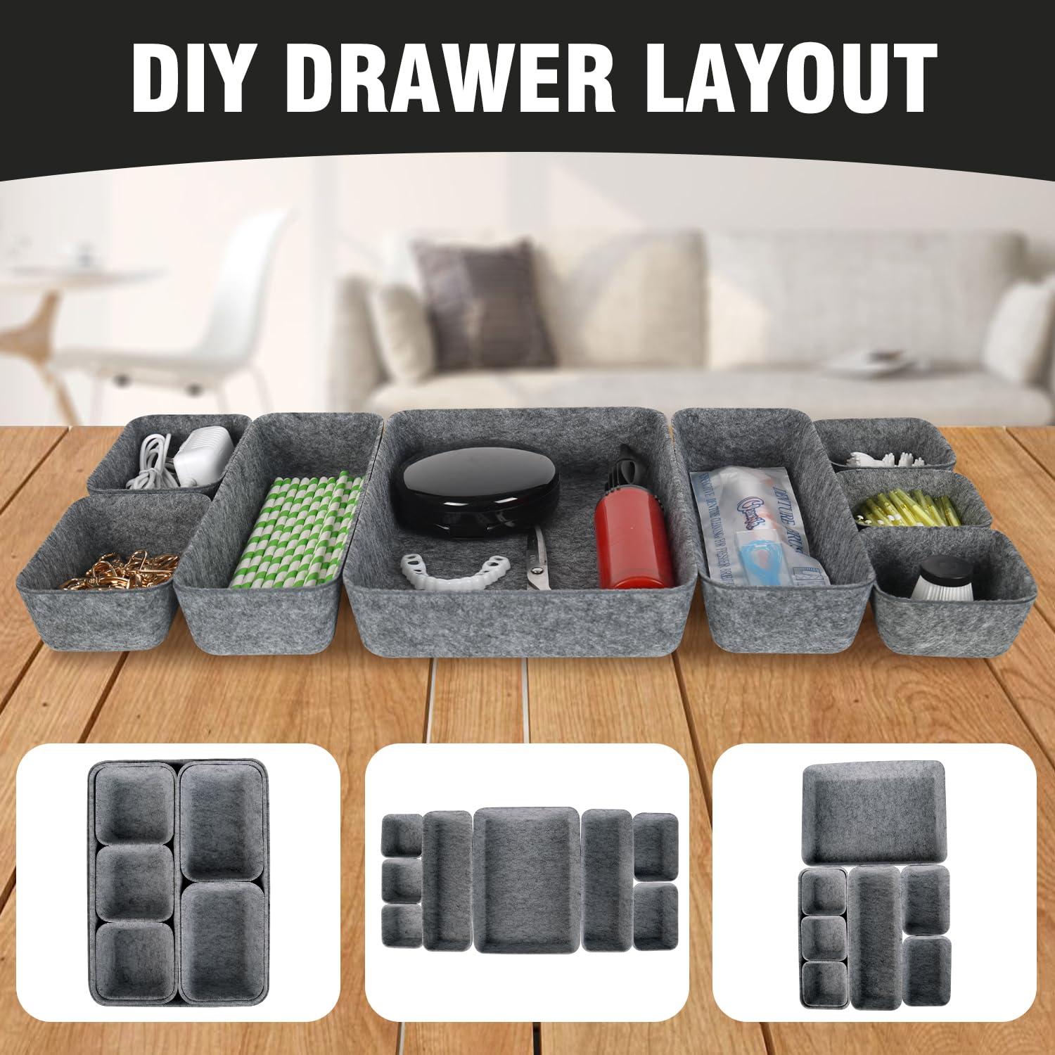 Pack of 8 Felt Drawer Organiser,Stackable Felt Storage Boxes,felt organizers,Drawer Organiser System,Dressing Table Organiser,drawer dividers for Desk,Bedside Table,Cupboard (Dark Grey)