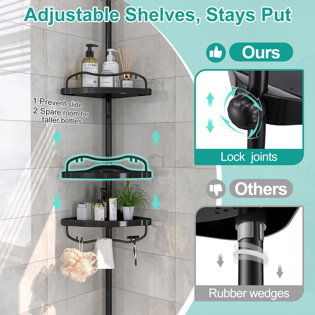 Shower Caddy Corner, 56 to 125 Inch Adjustable Tension Pole Corner Shower Caddy with ABS Baskets,Rustproof Stainless Pole, Drill Free Shower Rack, Large Shower Storage Shelf for Inside Shower