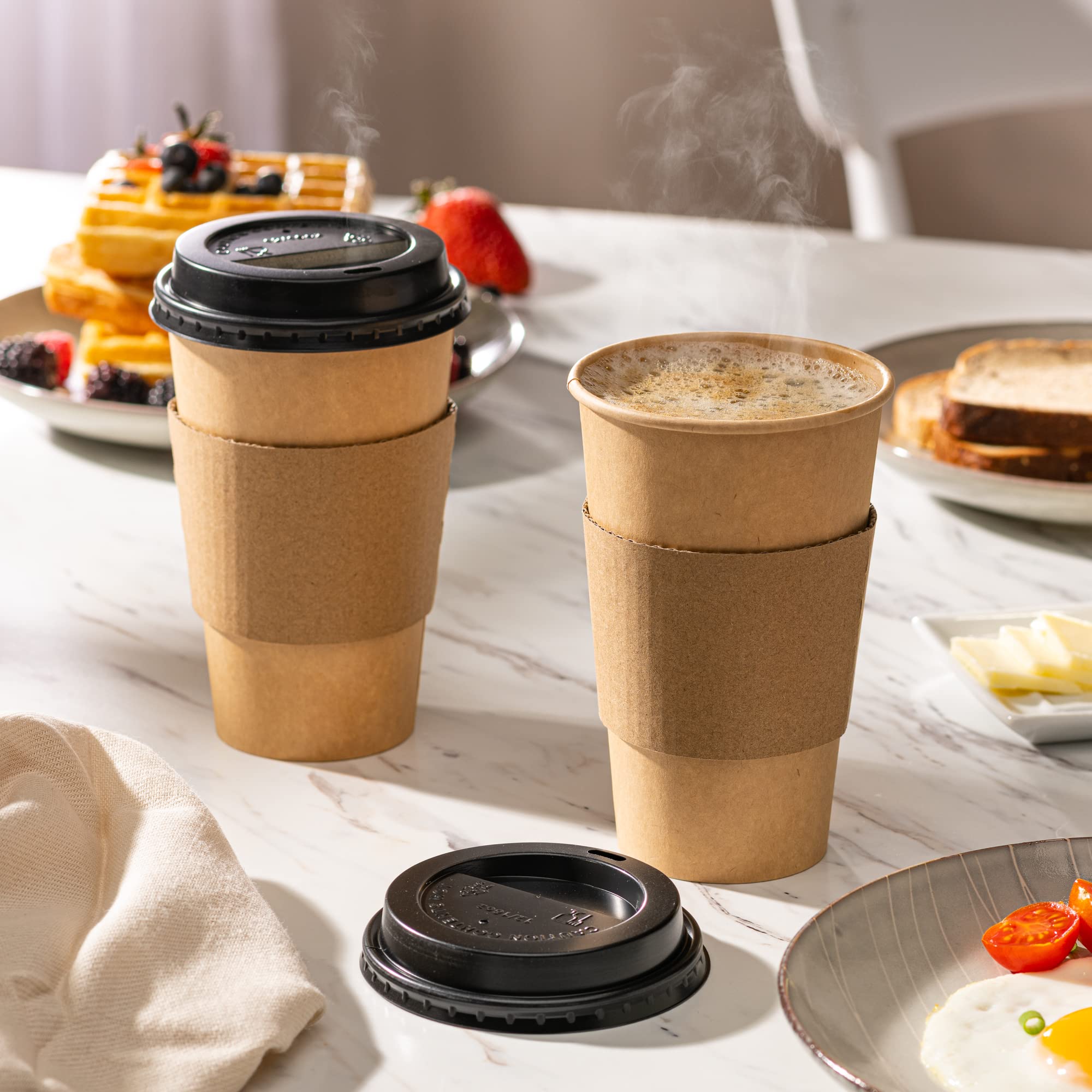 GUSTO [16 oz. - 50 Sets] Disposable Kraft Coffee Cups with Black Lids, Sleeves - to Go Paper Hot Cups (Formerly Comfy Package)