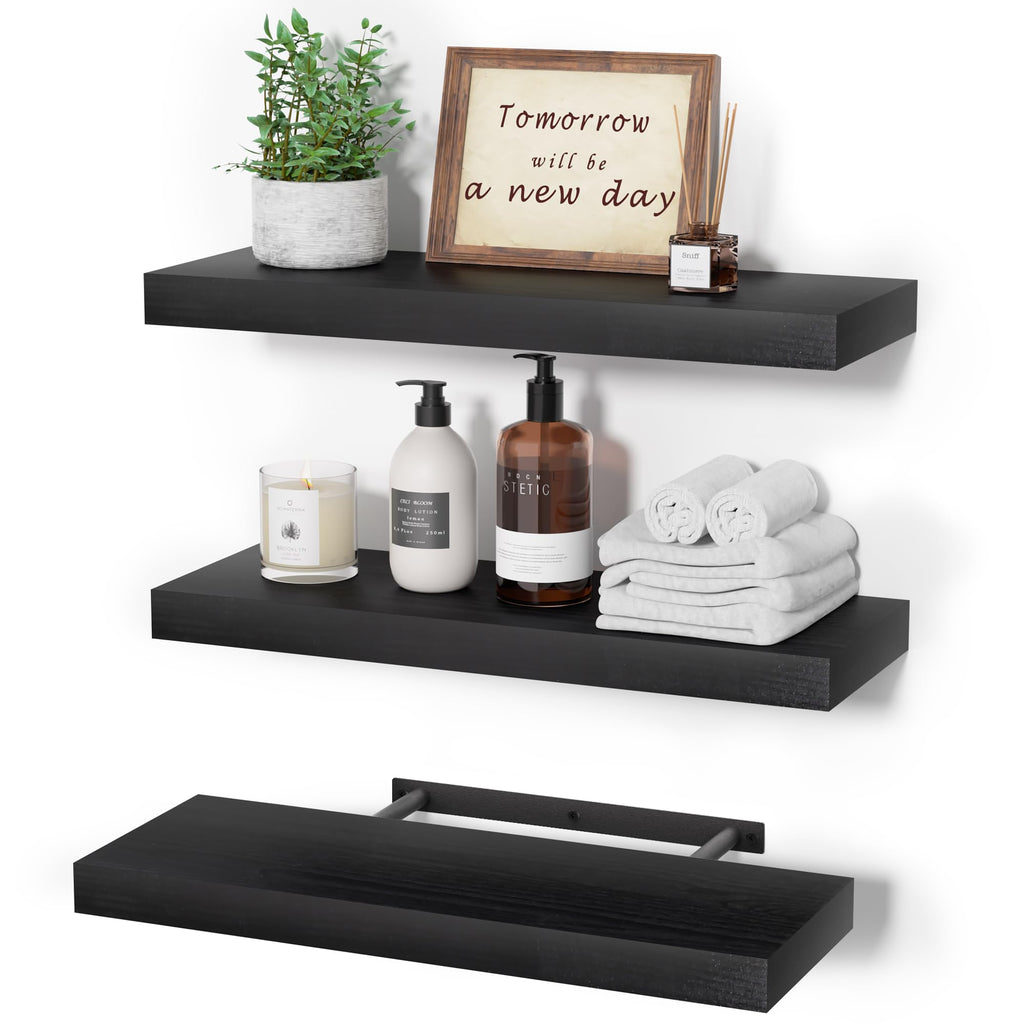 upsimples 16.5" L Black Wooden Floating Shelves with Invisible Brackets, Wall Mounted Modern Wood Shelves Set of 3, for Bathroom Bedroom