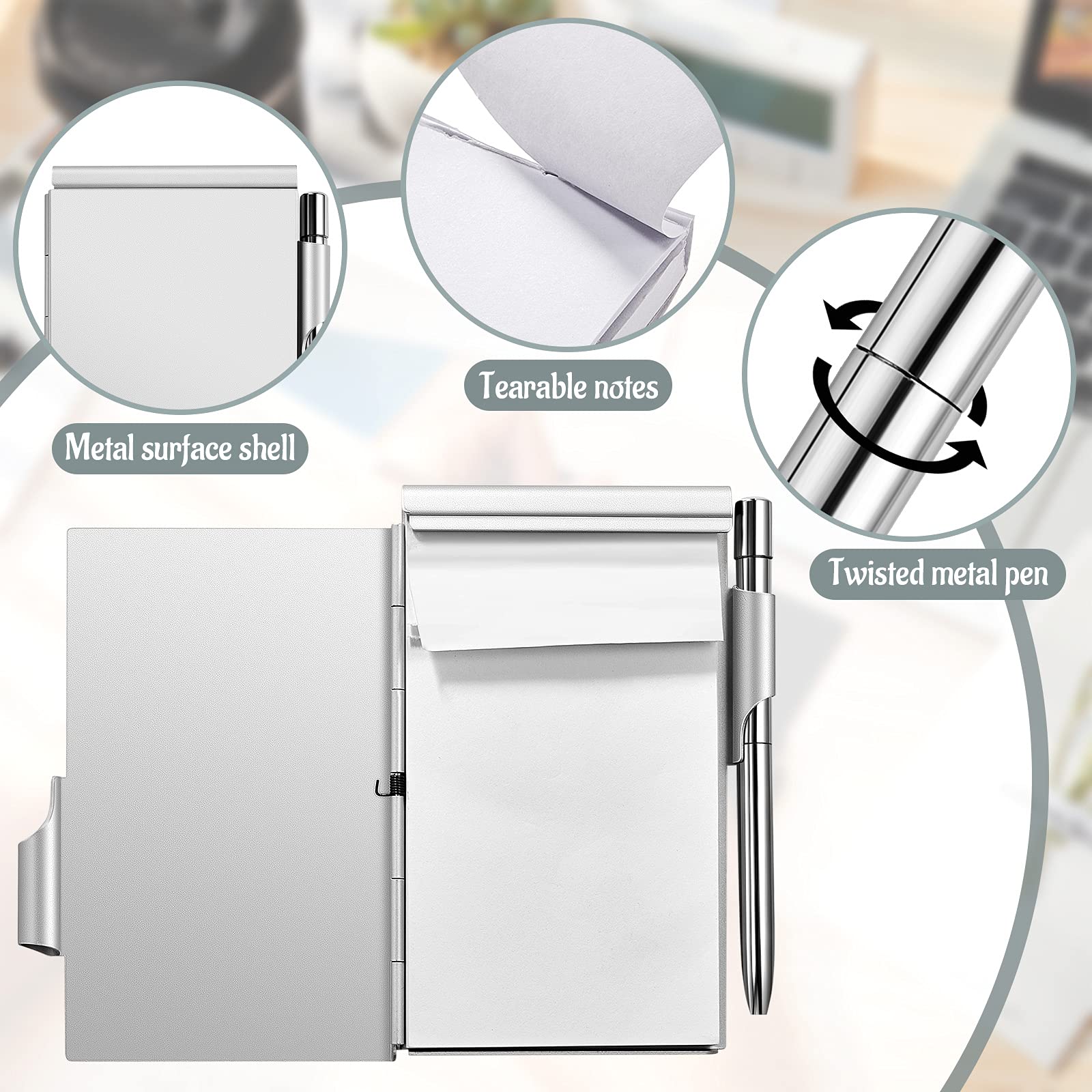 2 Pieces Metal Pocket Notebook with Pen and Refillable Paper, Aluminum Flip Mini Notepad Holder, Small Journal with Pen Holder for Office Supplies Christmas gifts(Black, Silver)