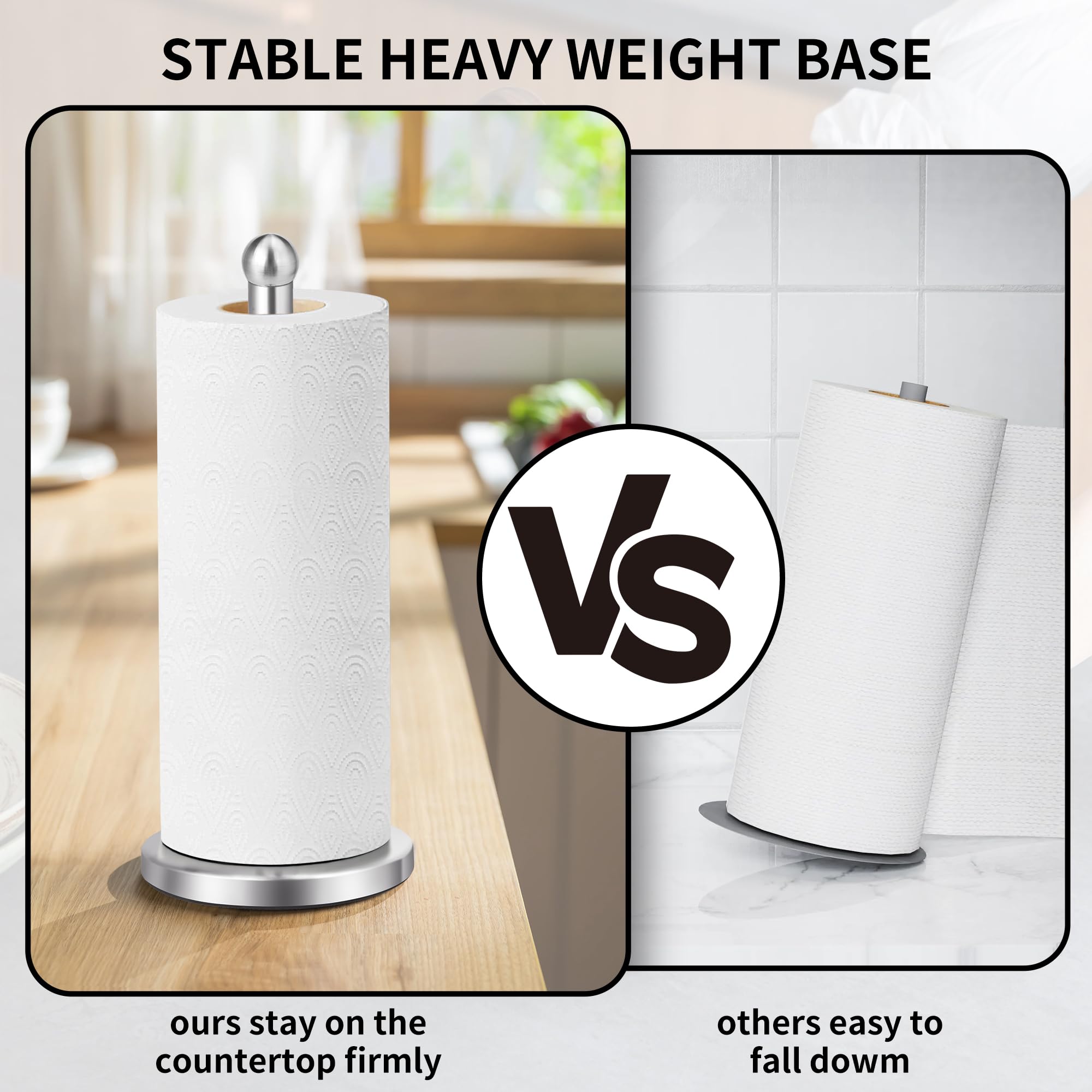 Paper Towel Holder Countertop, Paper Towel Holder with Solid Weighted Base, for Standard and Large Size Rolls (Silver)