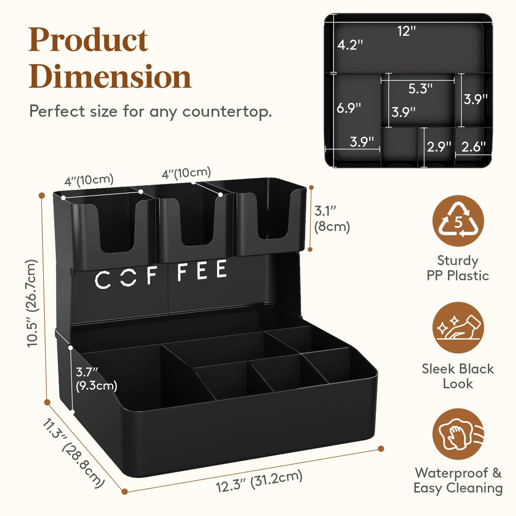 Lifewit Modern Black Coffee Bar Organizer, 10 Compartments, Countertop Coffee Station, Office Breakroom, Home Kitchen
