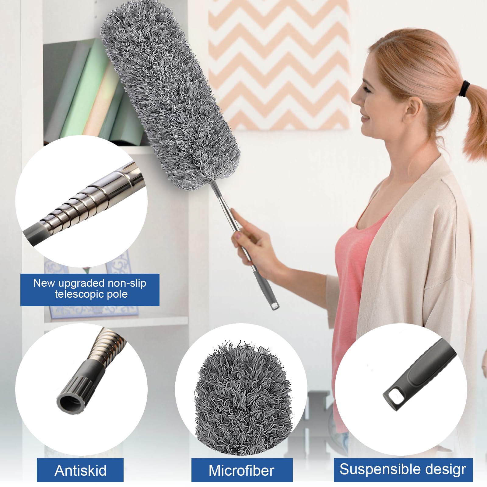 FUUNSOO Microfiber Feather Duster, Duster with Extension Pole 30-100 Inches,Ceiling Fan Cleaner Duster Retractable Gap Dust Brush Cleaner for Cleaning Cobweb,High Ceiling,Blinds (Dark Gray)