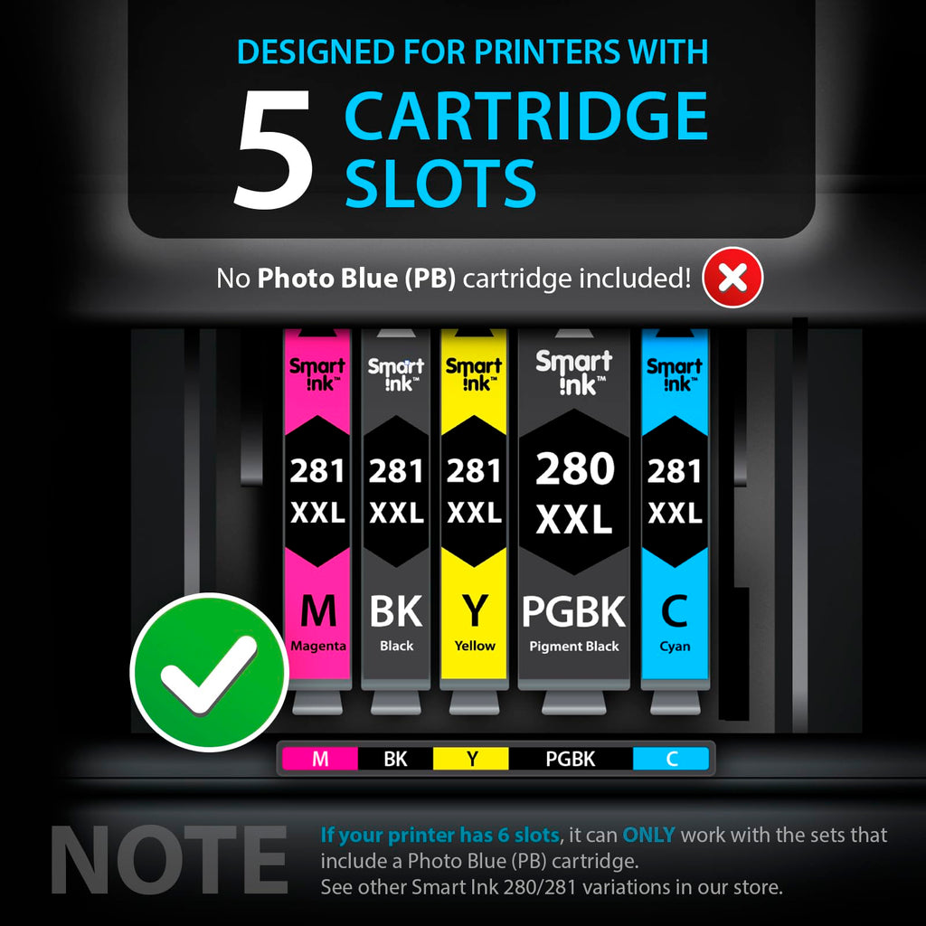 Smart Ink Compatible Ink Cartridge Replacement for Canon PGI 280 PGI-280 XXL CLI 281 CLI-281 (PGBK & BK/C/M/Y 5 Pack Combo) for Pixma TS702 TS6120 TS6220 TS6320 TR7520 TR8520 TS9520 TS9521C