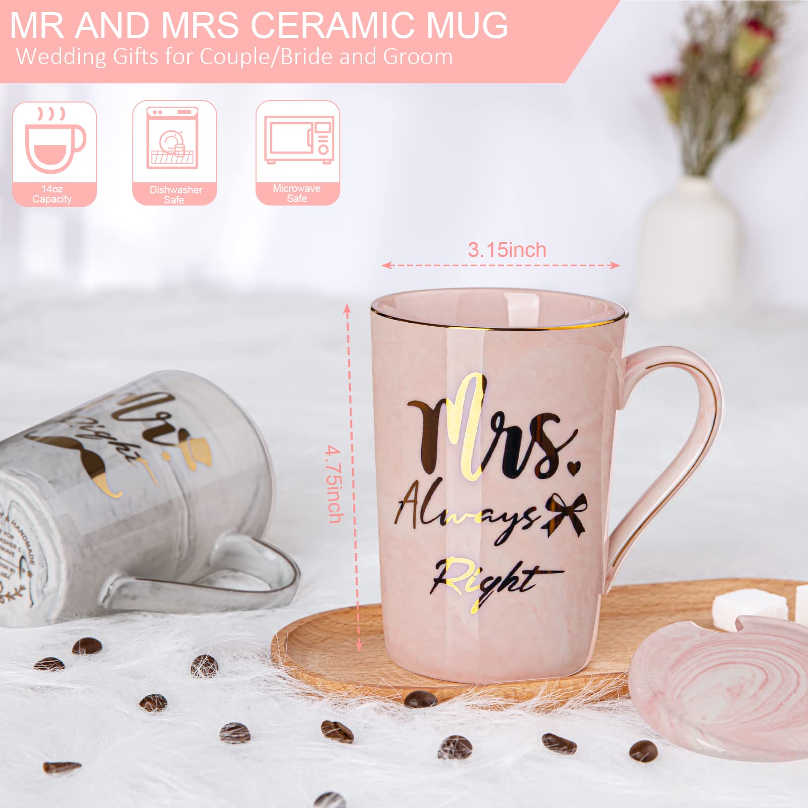 Mr Right and Mrs Always Right Couples Mugs Gifts Set for Wedding, Engagement, Newlyweds Anniversary, Bridal Shower, 14oz Ceramic Marble Mugs with Golden Pattern, Microwave, Dishwasher Safe