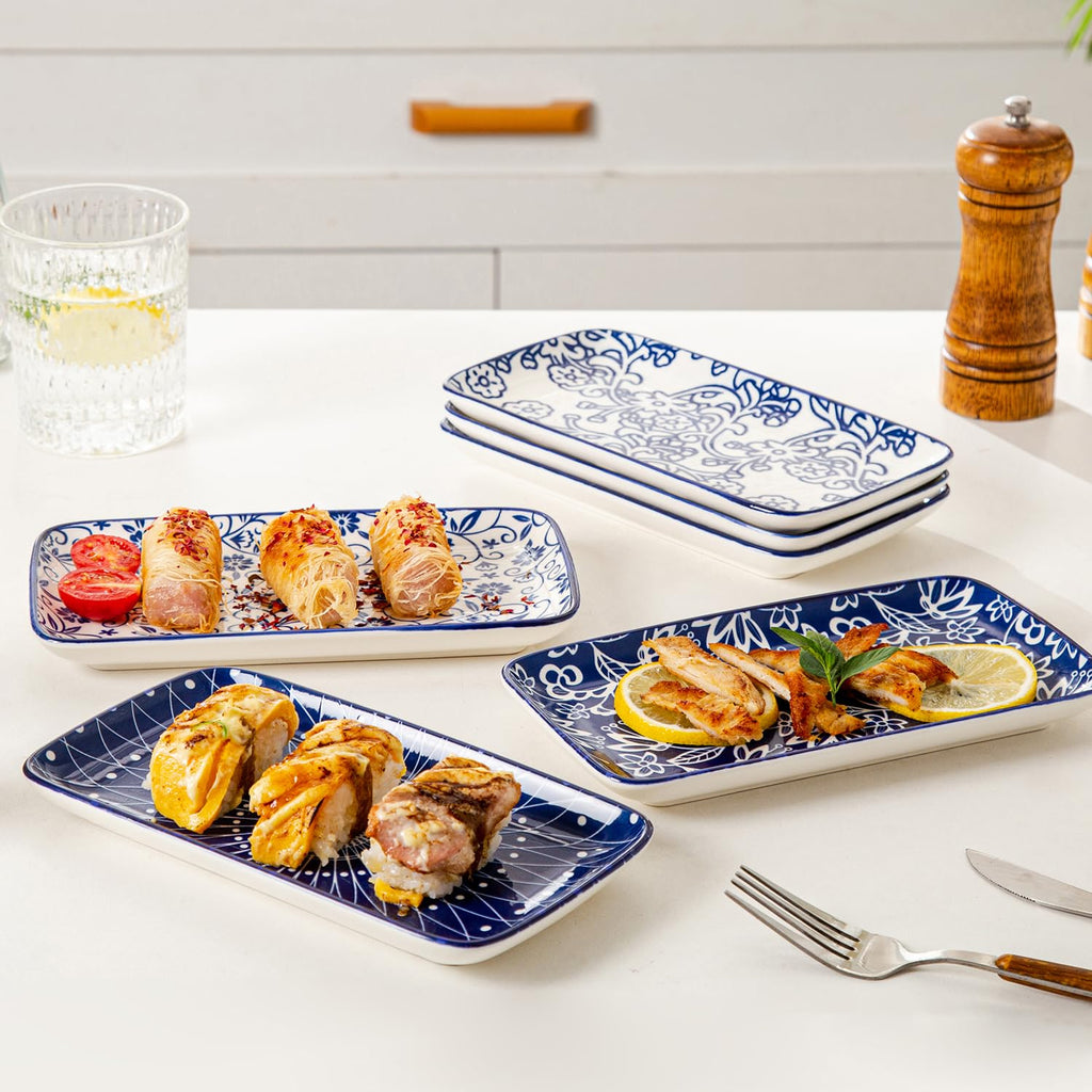 Cerkik Ceramic Rectangle Salad Plates Set - 8.1" x 4.5" Rectangular Serving Platter - Serving Trays for Sushi Dinner Dessert Pasta Appetizer - Oven Microwave Dishwasher Safe - Set of 6 - Vintage Blue