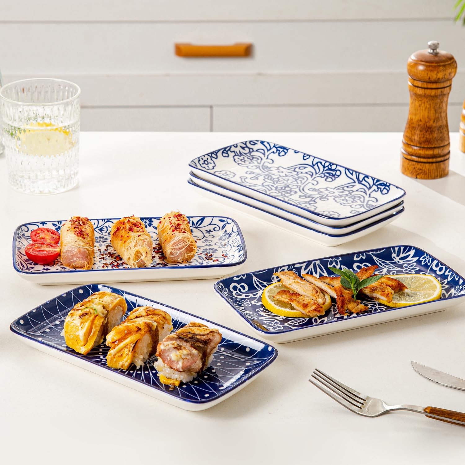 Cerkik Ceramic Rectangle Salad Plates Set - 8.1" x 4.5" Rectangular Serving Platter - Serving Trays for Sushi Dinner Dessert Pasta Appetizer - Oven Microwave Dishwasher Safe - Set of 6 - Vintage Blue