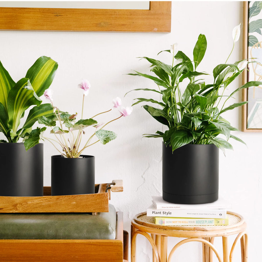 T4U 7/6/5/4 Inch Plastic Plant Pots with Saucer 4-Pack, Flower Planter Pot with Drainage Hole Black, Nursery Planting Pot for Snake Plant, African Violet and House Plants