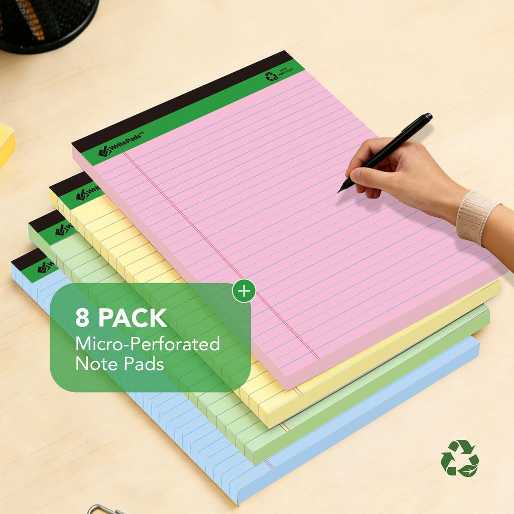 KAISA Colored Legal Pad 15lb Recycled Paper Writing Pad, 4pcs 5"x8" Legal Ruled and 4pcs 8.5" x 11.75" Wide Ruled, 50 Sheets, Mixed 8-Pack, KSU-7358