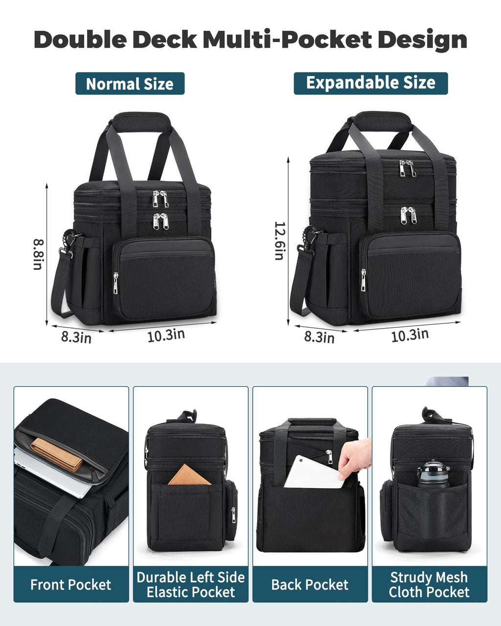 Insulated Lunch Bag for Men Women: Expandable Lunch Bag Box for Work Picnic Travel Outdoor - Large Reusable Leakproof Cooler Bag for Adult - Black