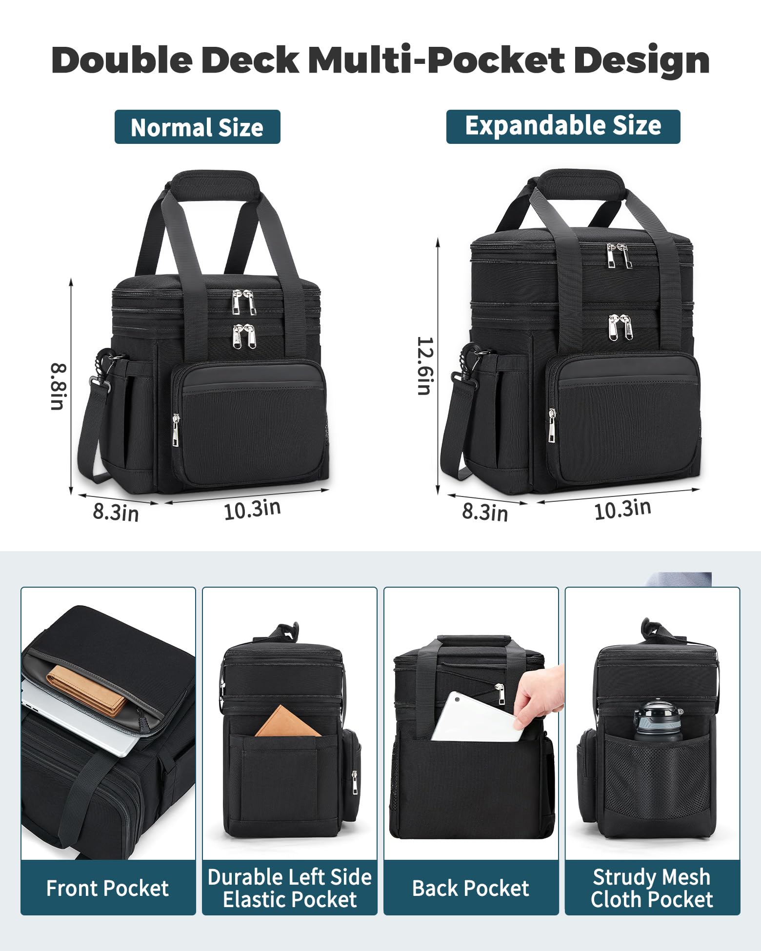 Insulated Lunch Bag for Men Women: Expandable Lunch Bag Box for Work Picnic Travel Outdoor - Large Reusable Leakproof Cooler Bag for Adult - Black