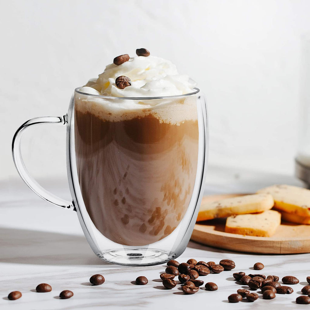 Glass Coffee Mugs 350ml, Top-spring 12oz Clear Glass Coffee Cups with Handles - Set of 4 Double Wall Insulated Coffee Mug Tea Latte Espresso Cups
