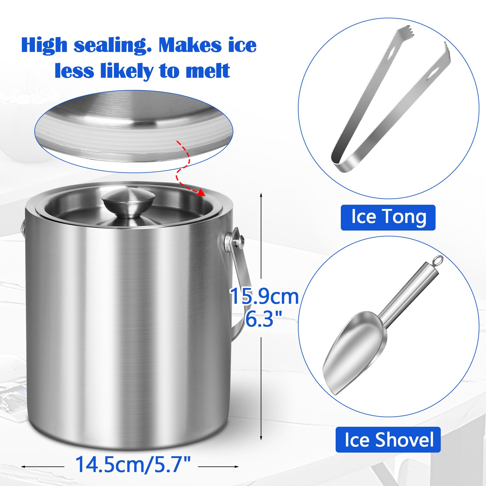 CAOANTRY Ice Bucket with Lid & Tong- Well Made Insulated Stainless Steel Keep Ice Frozen Longer - Ideal for Cocktail Bar, Parties, Chilling Wine, Champagne - 2 Liter (Stainless Steel)