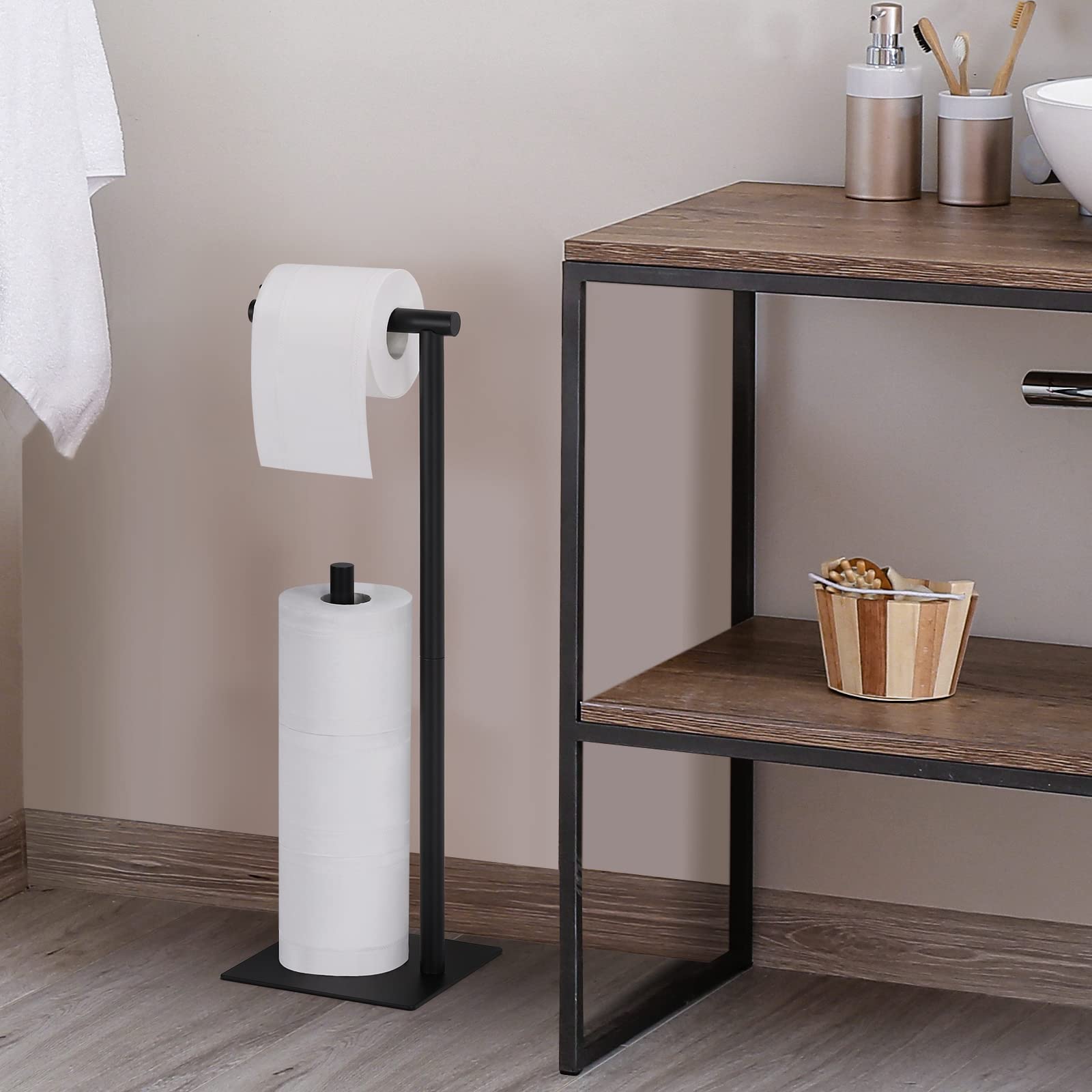 Toilet Paper Stand Tissue Paper Holder Black Toilet Roll Dispenser Free Standing Tissue Paper Organizer Bath Paper Storage Holder Floor Toilet Paper Holder with Square Base for Lavatory (Black)