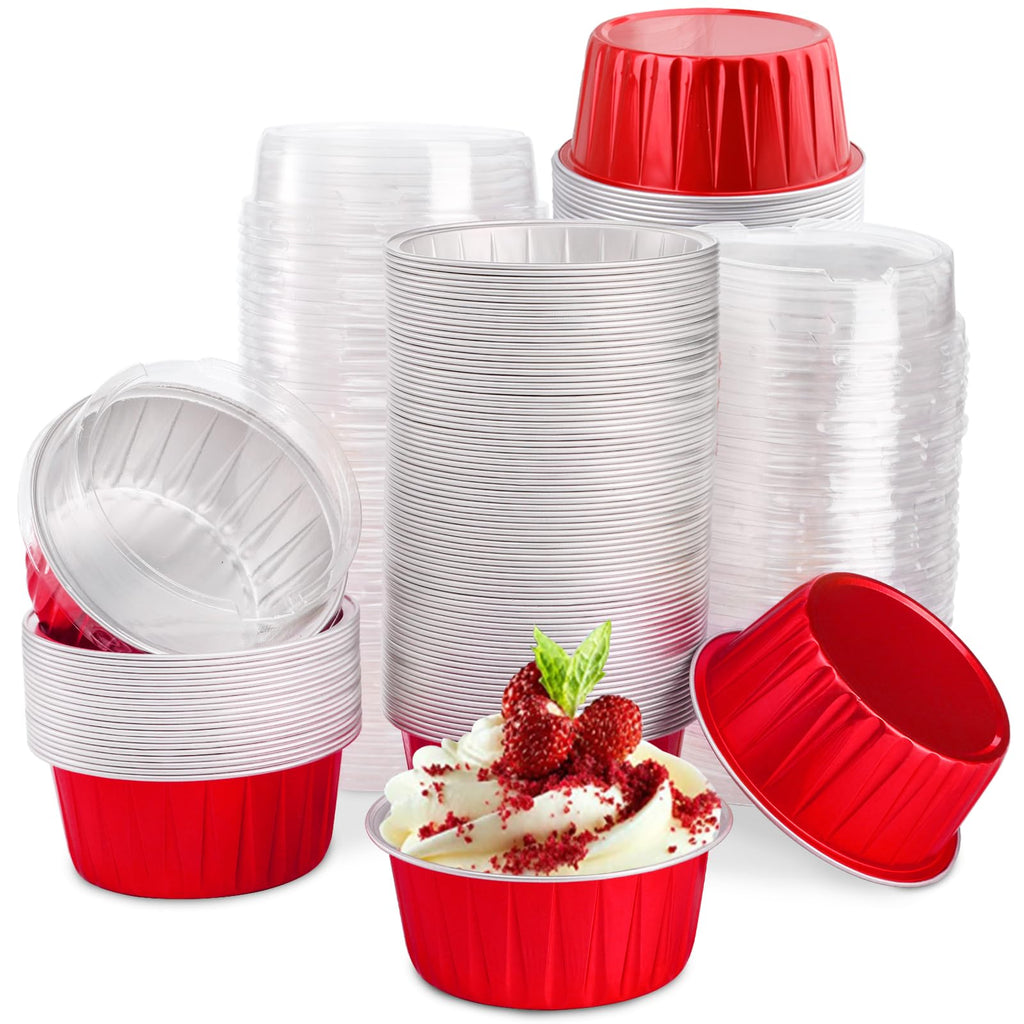 DEAYOU 100 Pieces Aluminum Foil Baking Cups with Lids, 5oz Disposable Ramekins Muffin Cups, 3" Cupcake Foil Liners Tart Pie Tin Pan Holder for Pudding, Souffle, Party, Wedding, Red Color