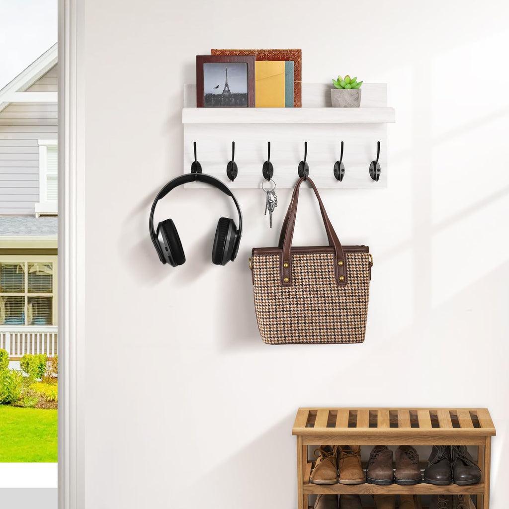 HRONRAD Shelf with Hooks, Coat Rack Wall Mount with 6 Double Metal Hooks, 17 Inch Farmhouse Wall Hooks with Shelf, for Entryway, Bathroom, Kitchen, White