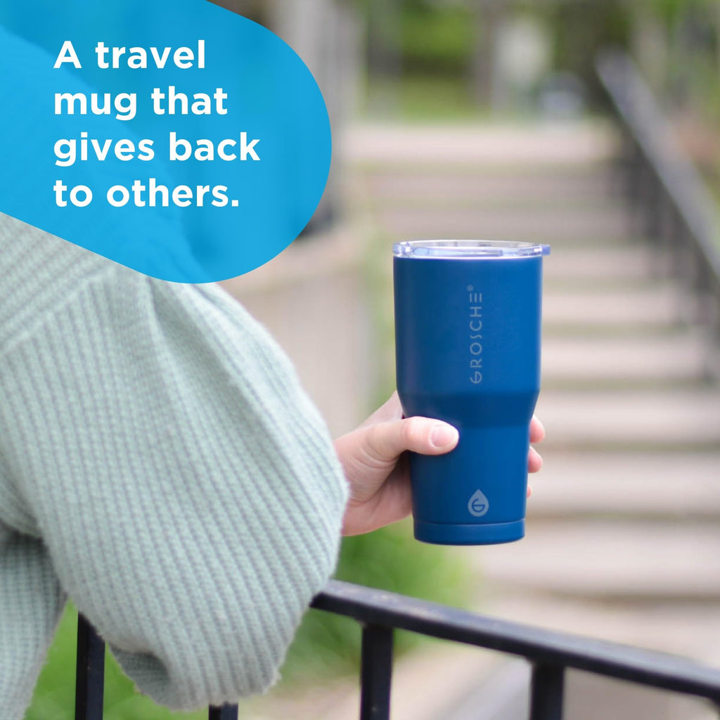GROSCHE Yukon 20oz Insulated Coffee Mug with Lid Built Tough Travel Coffee Tumbler Mug Stainless Steel Vacuum Insulated Cup - Mountain Blue