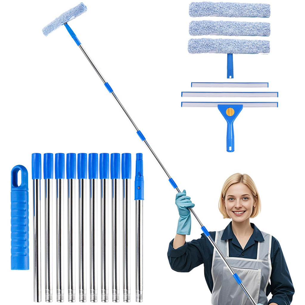 12.5Ft (3.8M) Telescopic Window Cleaner Kit - Extendable Pole, 37cm Scrubber(3X Replaceable Sleeves), Squeegee(35cm *2 & 25cm *1). Perfect Cleaning Equipment for High Windows, Shower Glass, Car, RV
