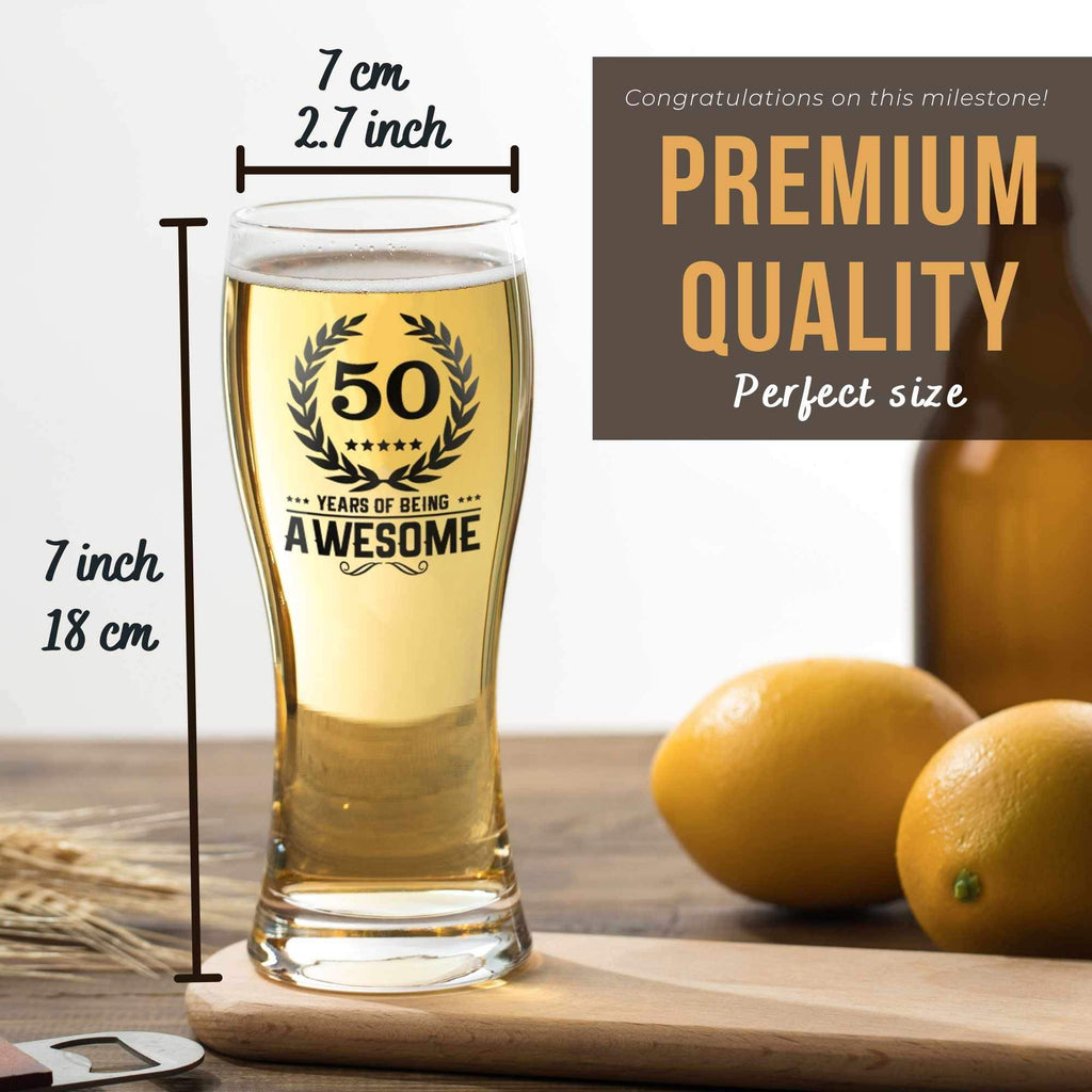 Onebttl 50th Birthday Gifts for Men or Him - 50 Years of Being Awesome - 15oz/450ml Beer Glass - 50 Years Old Birthday Pint Glass Gifts for Dad, Husband or Uncle