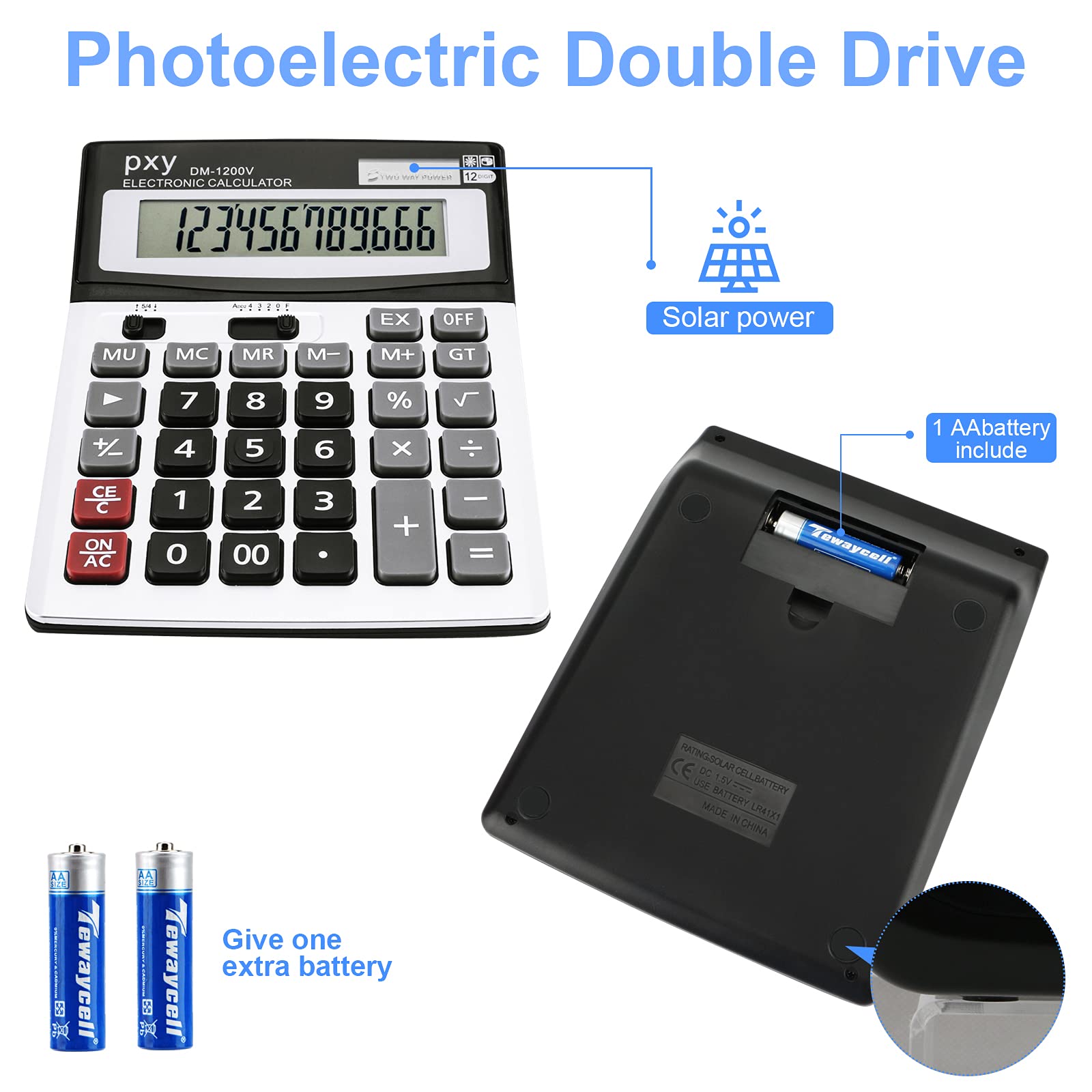 Large Desk Calculator Basic, Touch Comfortable with Large Buttons, PXY Two Way Power Battery and Solar Standard Function Office Calculators,12 Digit Calculatrice Large Display Clearly
