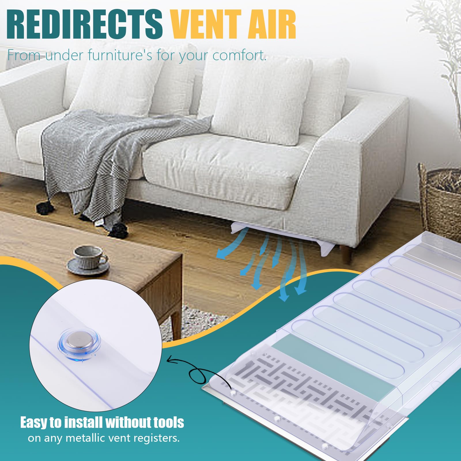 Magnetic Air Vent Extender for Under Furniture with 5 Secured Neodymium Magnets Floor Register Extends from 17" Up to 33", Floor Vent Deflectors for Home Floor
