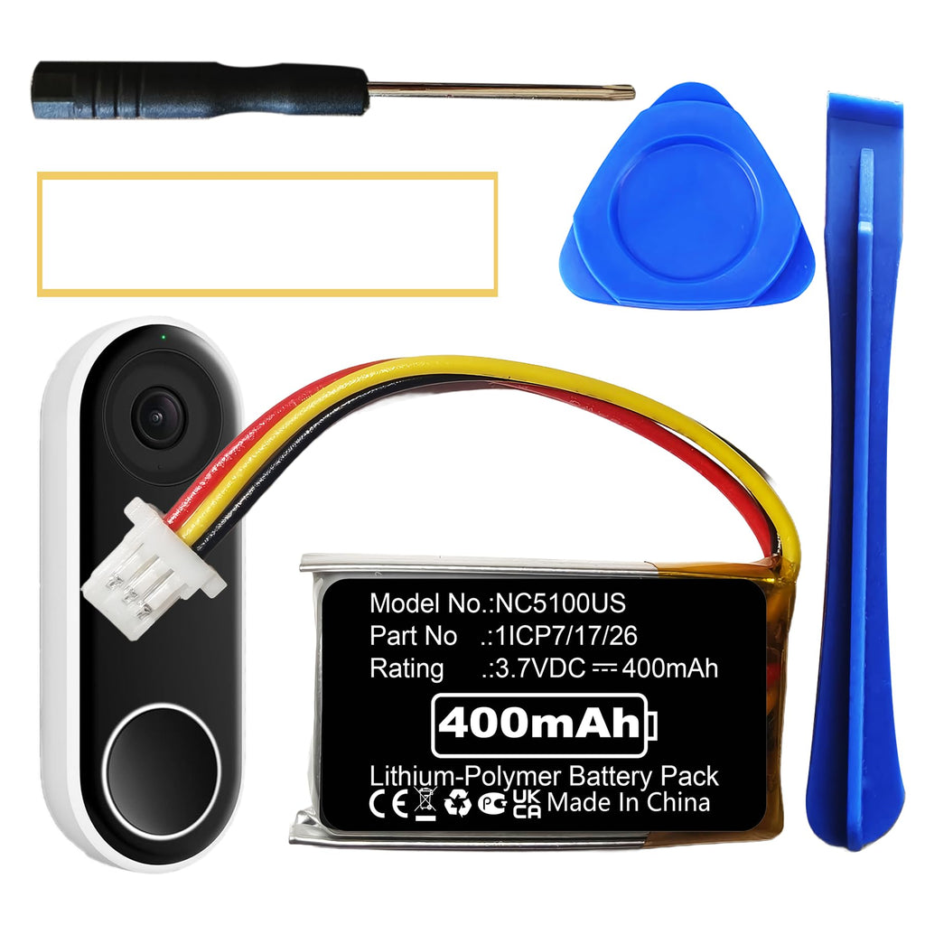 Replacement Battery for Nest Doorbell Wired Hello NC5100US/C1241290, 3.7V Upgraded 350mAh Li-Polymer Battery Compatible with 1ICP7/17/26 & Video Doorbell Wired, Long Lasting & Safe Certified