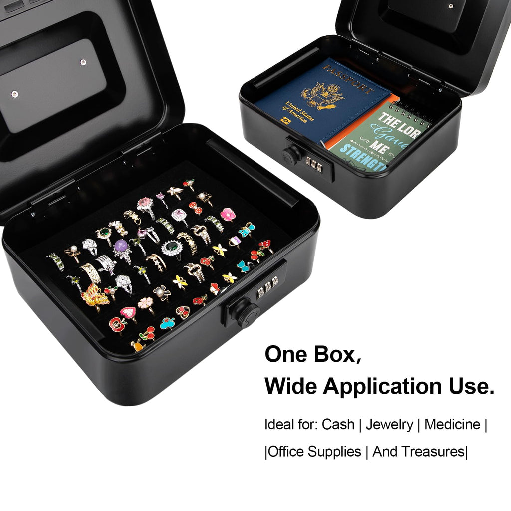 Jssmst Small Cash Box with Combination Lock – Durable Metal Cash Box with Money Tray Black,7.87 x 6.3 x 3.35 inches, CB0701M