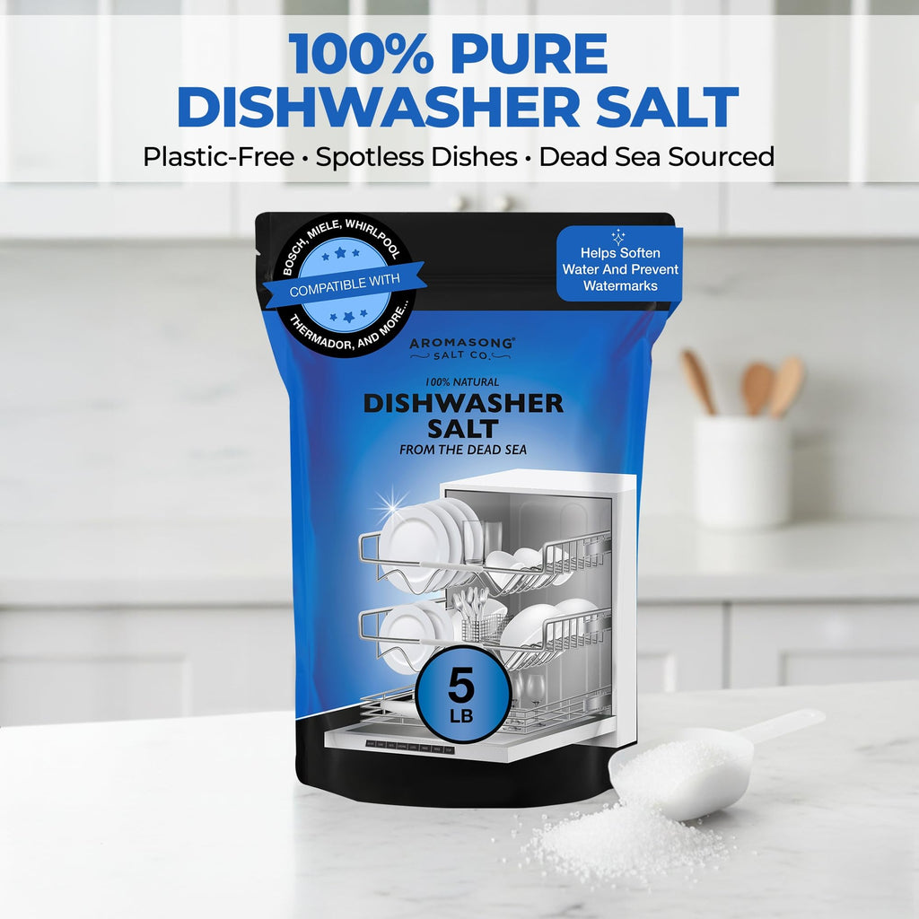 Aromasong Dishwasher Salt 5 LB - 100% Natural Water Softening Agent for Cleaner Dishes & Washer Reactivation - Compatible with Bosch, Miele, Whirlpool, Thermador, and more.