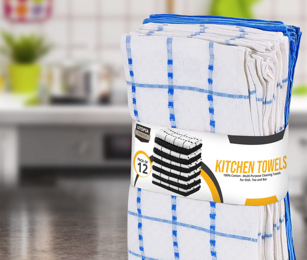 Utopia Towels Kitchen Towels, 12 Pack, 15 by 25 Inches, Dobby Weave, 100% Ring Spun Cotton, Super Soft and Absorbent Dish, Tea, and Bar Towels, Blue