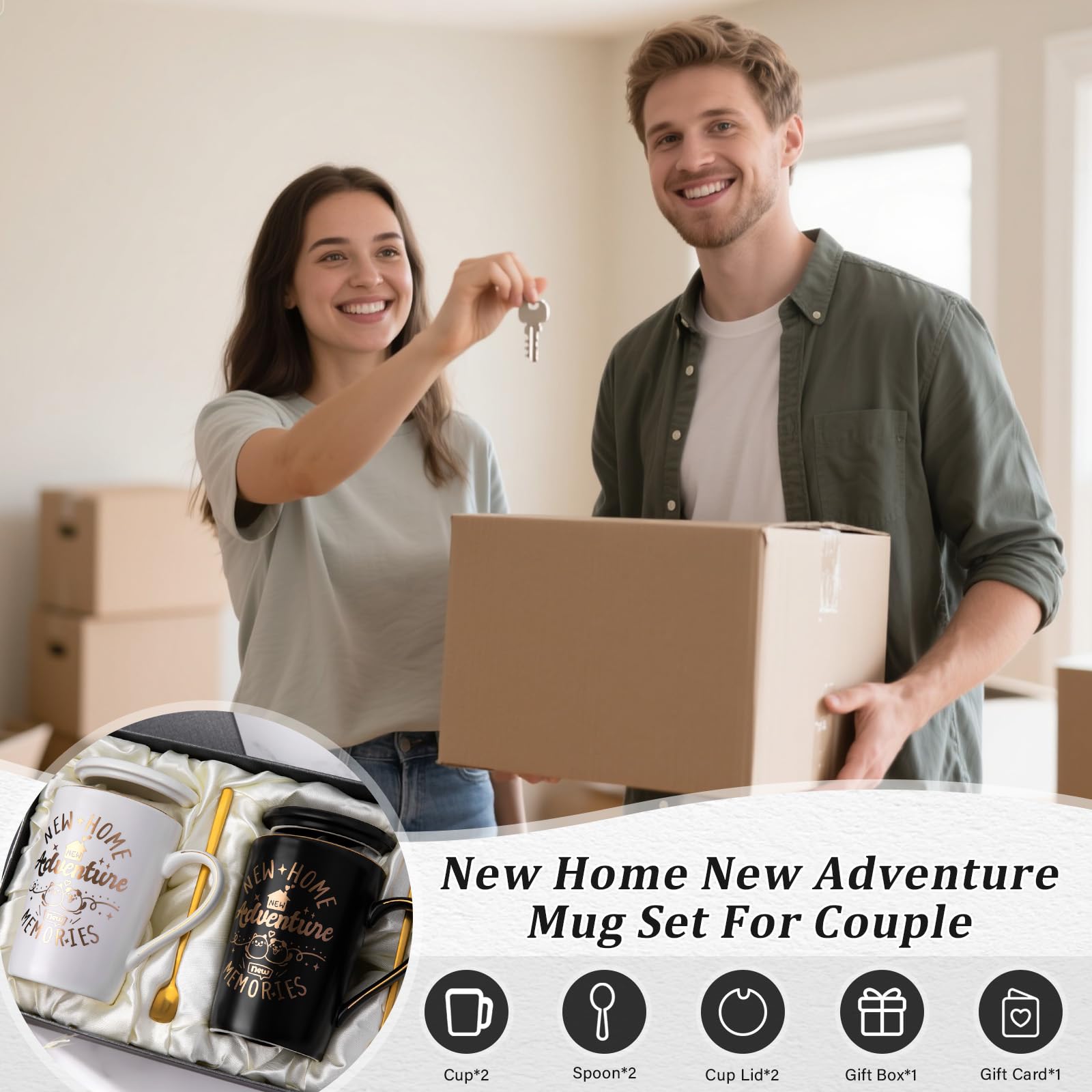 House Warming Gifts for New Home, New Home Gift Ideas for Couples, 14OZ Ceramic Couple Mug Set with Gold Spoon Greeting Card Luxury Box for Neighbor Friend
