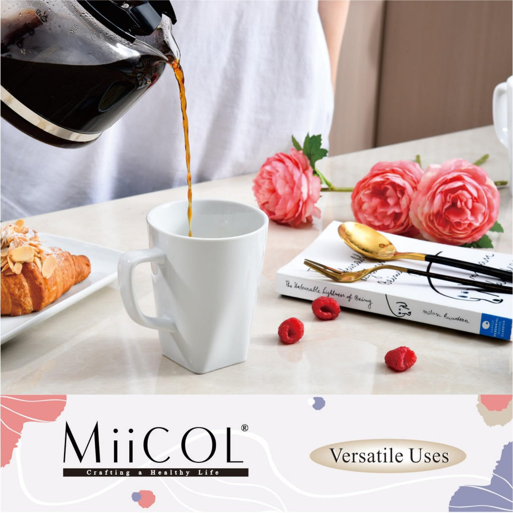 Miicol Porcelain Coffee Mugs Set of 6, Large Coffee Cups 400 ml / 14 oz, White Tea Cups, Ceramic Mugs for Latte, Cappuccino, Milk, Cocoa, Square Bottom, Microwave & Dishwasher Safe