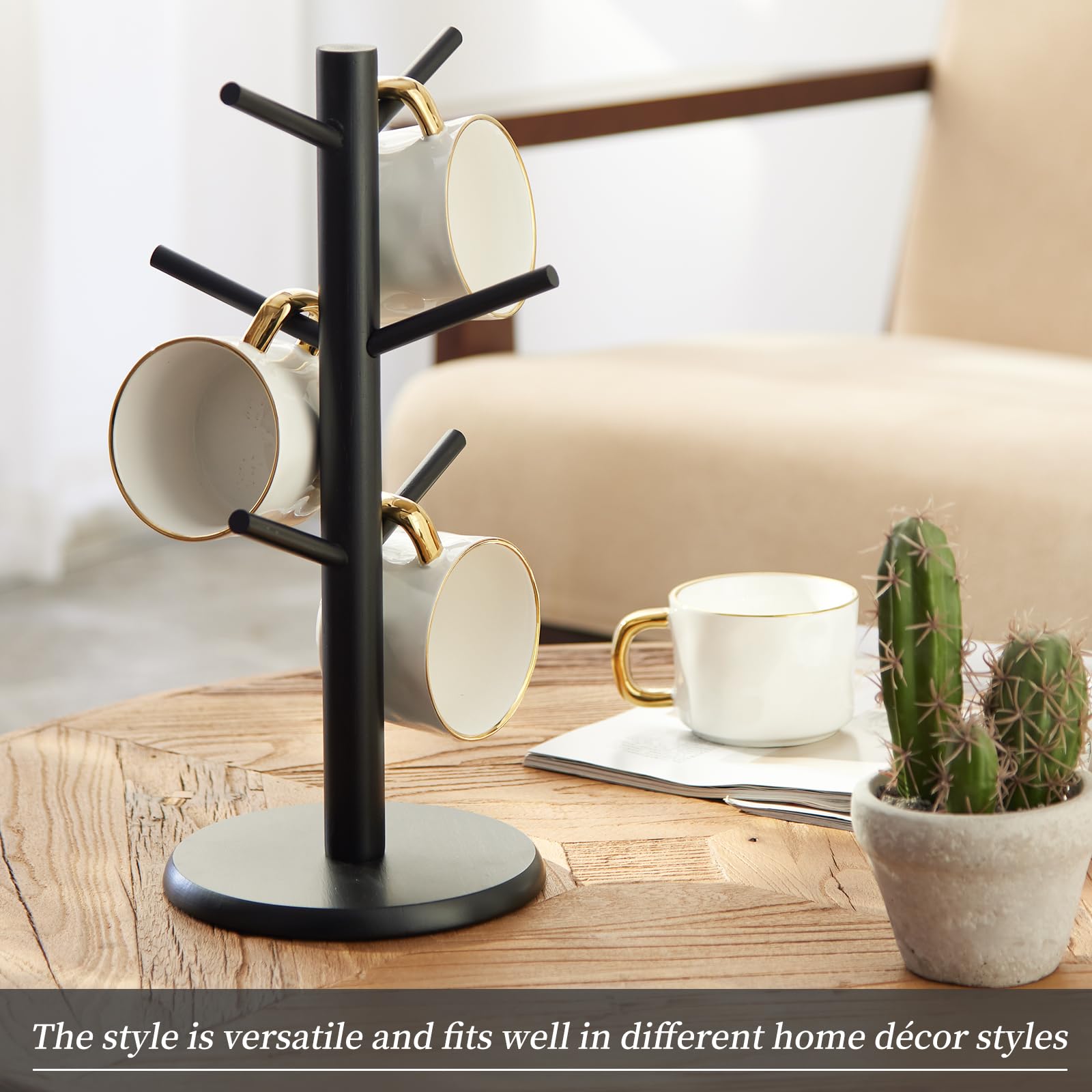 Kitsanery Mug Holder Tree, Coffee Cup Holder，Coffee Mug Tree with 6 Hooks,Home Storage Mug Hooks (Black)