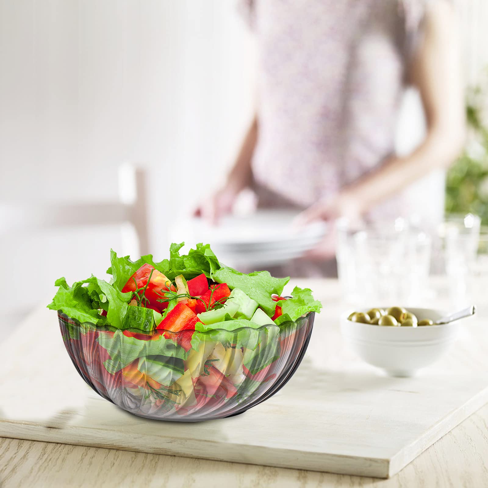 Fasmov 4 Pack Plastic Serving Bowls, Plastic Salad Mixing Bowls, 74oz Break Resistant Plastic Bowls for Salad, Fruit, Popcorn, Chip and Dip, Multicolor