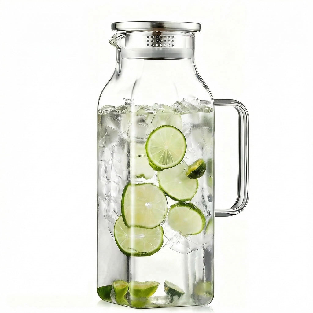 SYDALARAW Glass Water Pitcher, 2 Liter/68 oz Square Glass Pitcher with Lid and Handle, Clear Heat Resistant Glass Water Jug Carafe Juice Container for Hot Tea, Cold Brew and Milk