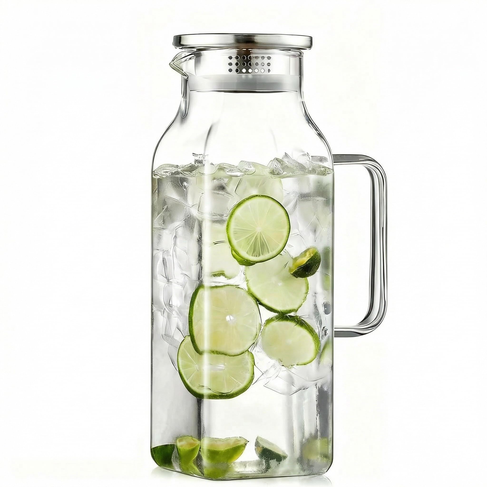 SYDALARAW Glass Water Pitcher, 2 Liter/68 oz Square Glass Pitcher with Lid and Handle, Clear Heat Resistant Glass Water Jug Carafe Juice Container for Hot Tea, Cold Brew and Milk