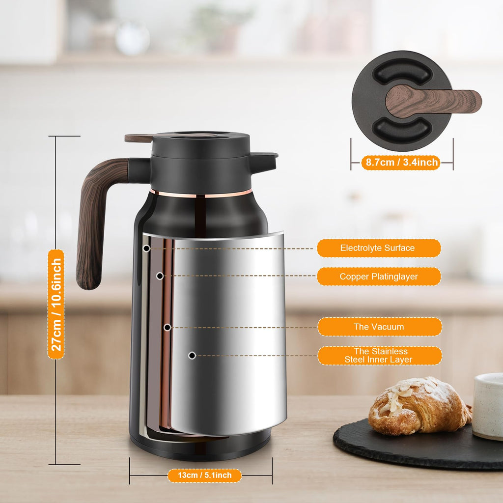 70oz Vacuum Insulated Coffee Carafe - 2L Stainless Steel Thermal Insulated Jug with Ergonomic Handle for Coffee, Tea & Water, Drip-Free Double Wall Design Keeps Beverages Hot/Cold (Black)